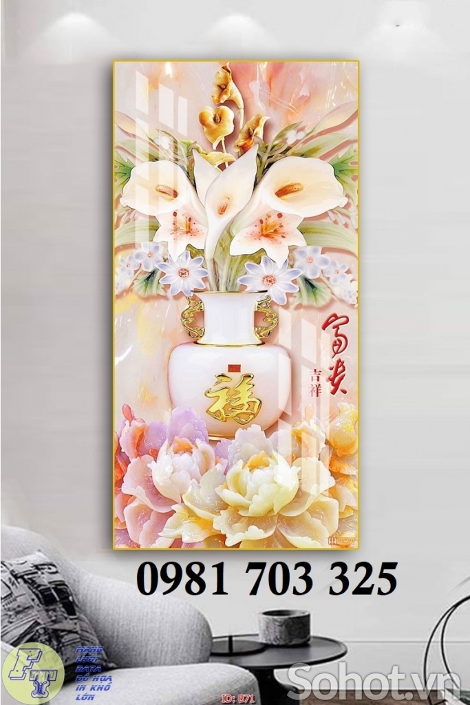 Tranh hoa 3D khổ đứng, tranh gạch ốp tường