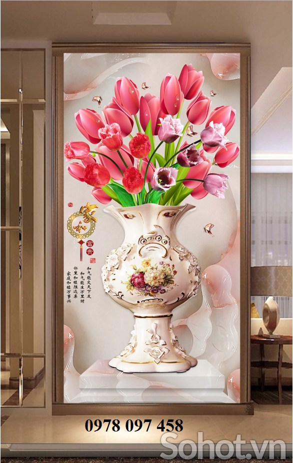 Gạch tranh dán tường họa tiết bình hoa