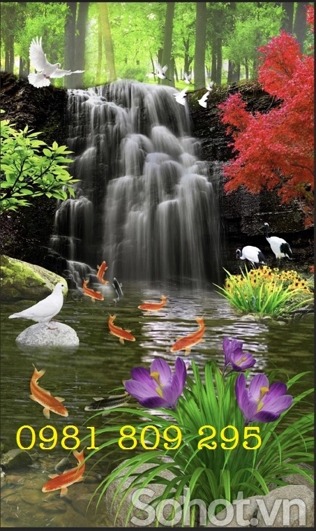 tranh gạch 3d khổ đứng - tranh thác nước