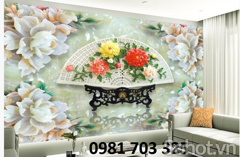 tranh 3D hoa mẫu đơn, tranh gạch ốp tường