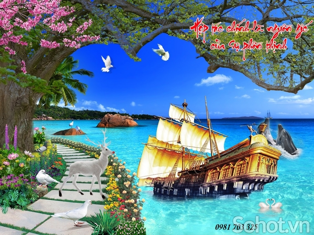 Tranh 3D thuyền buồm-gạch tranh