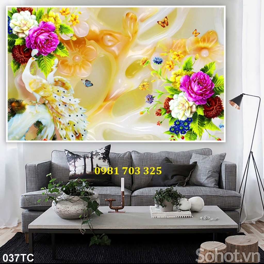Gạch men chim công dán tường phòng khách