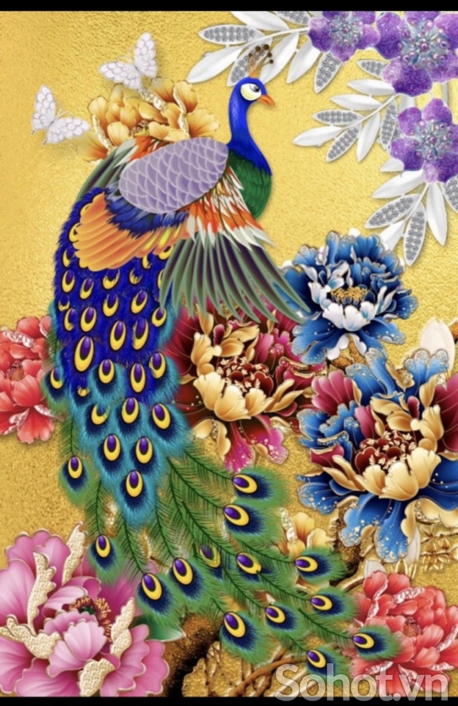 Tranh gạch khổ đứng chim công 3D đẹp