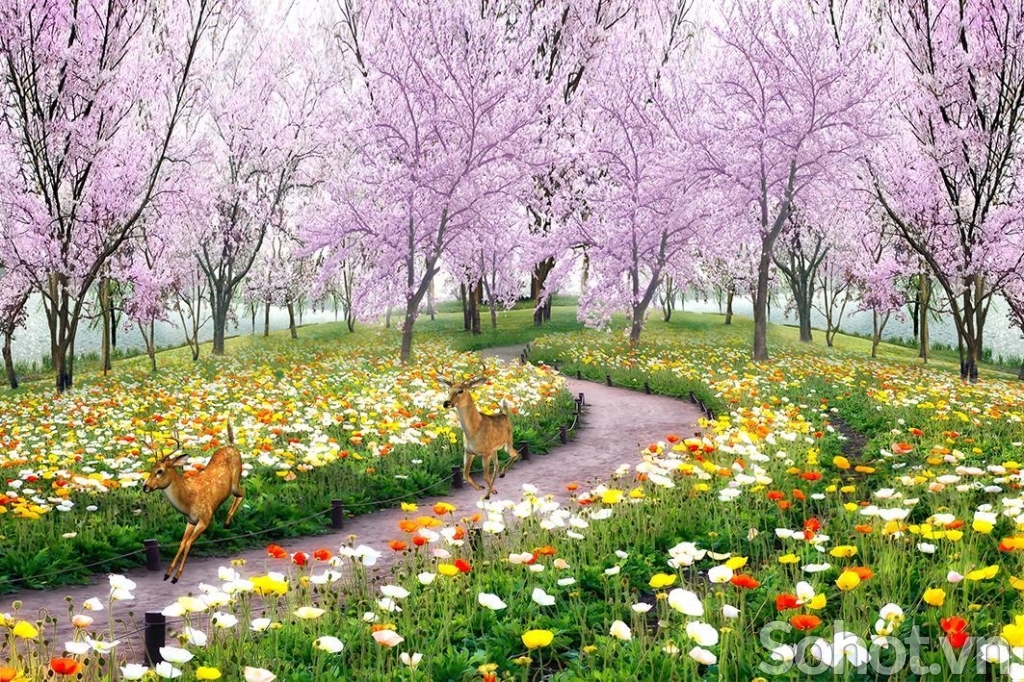 Tranh gạch 3d phong cảnh vườn hoa dán tường