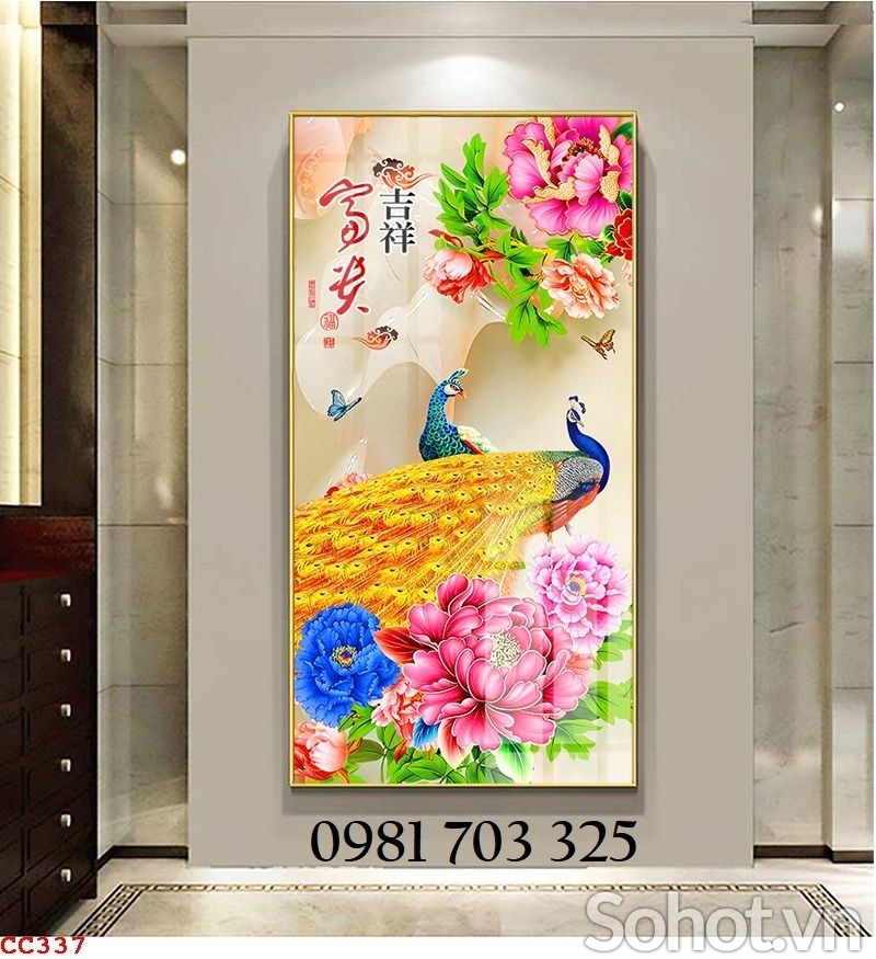 Tranh gạch phong thủy chim công 3D khổ đứng