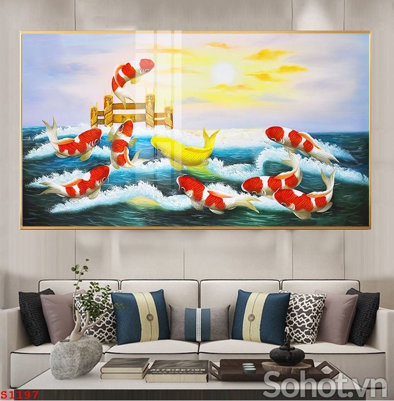 Gạch tranh phong thủy 3D 9 con cá chép