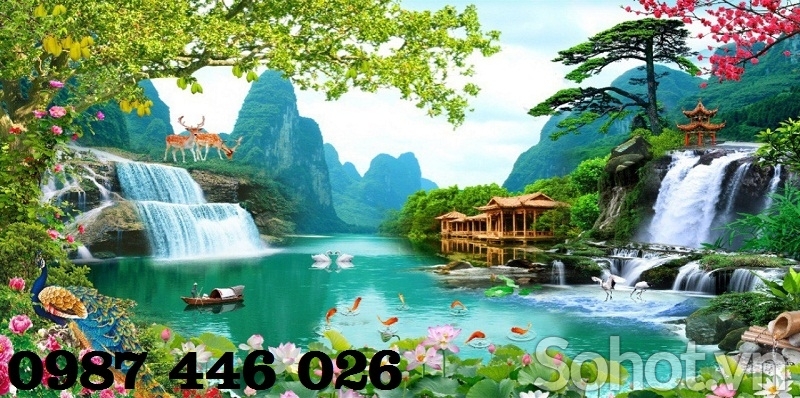 Gạch tranh tường phong cảnh thác nước HP722