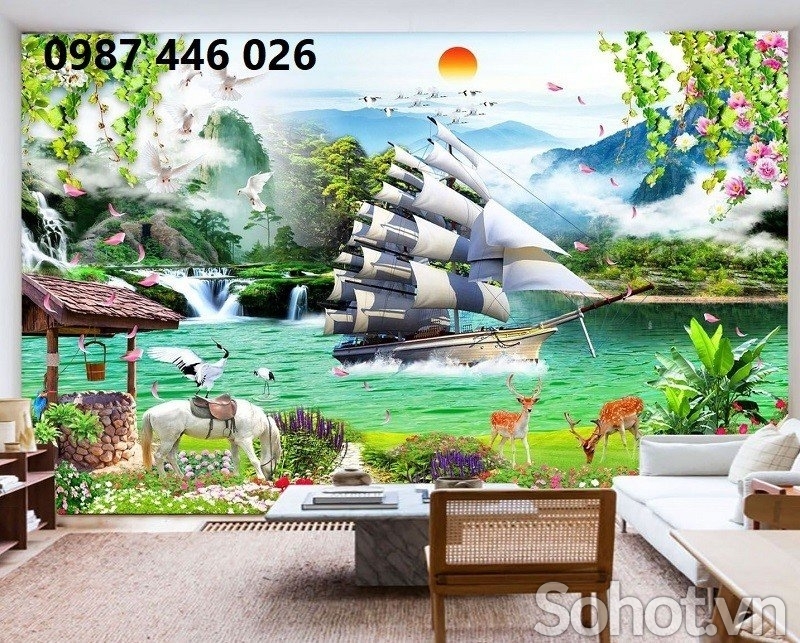 Gạch ốp tường tranh gạch men thuyền buồm HP577
