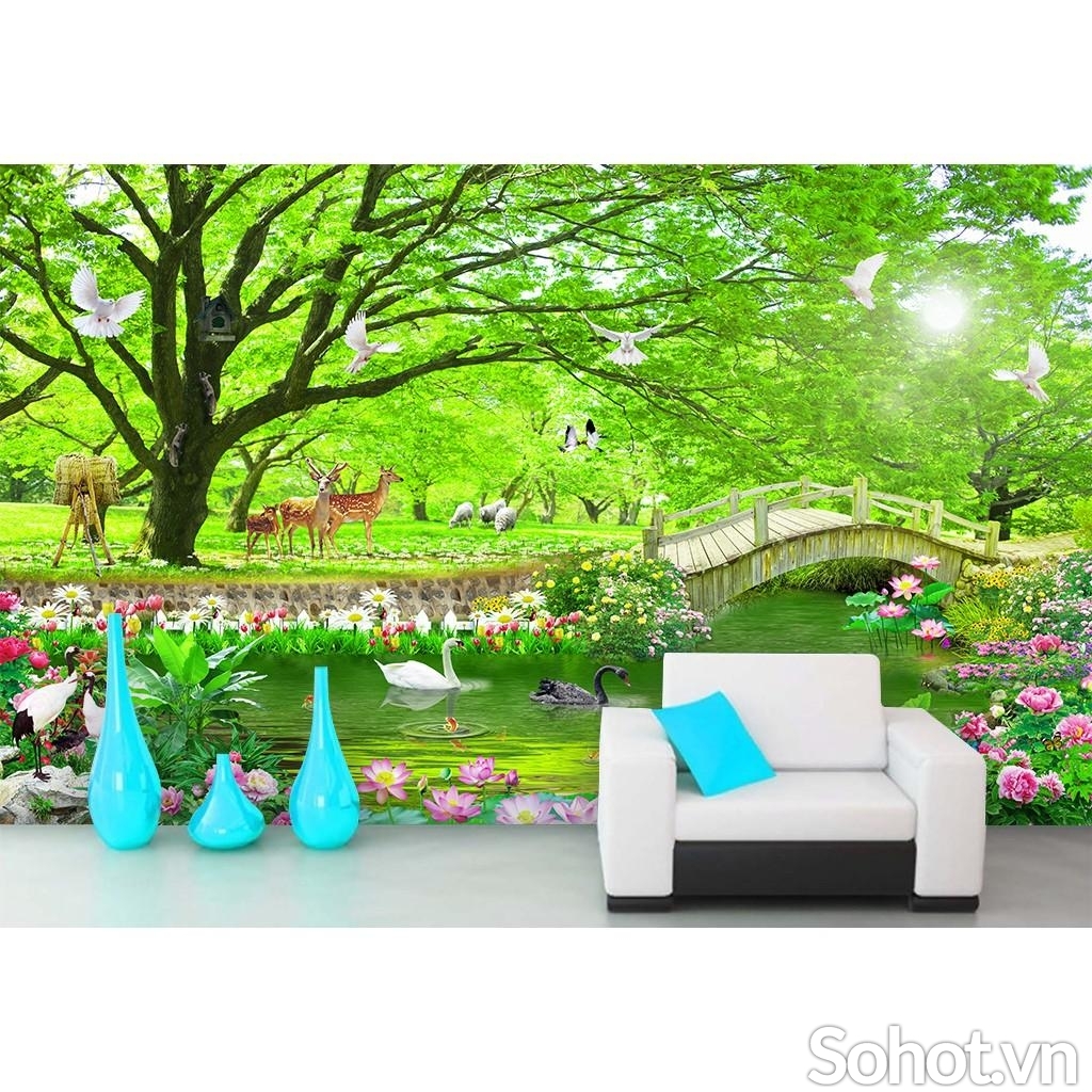 tranh ốp tường- Tranh phong cảnh vườn hoa 3D cao cấp