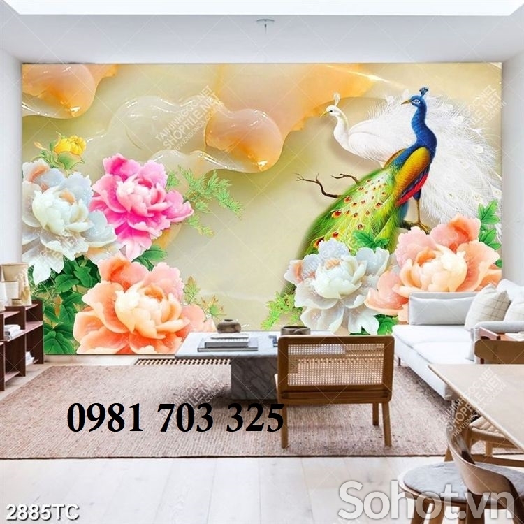 Gạch tranh 3D đẹp hoa mẫu đơn trang trí