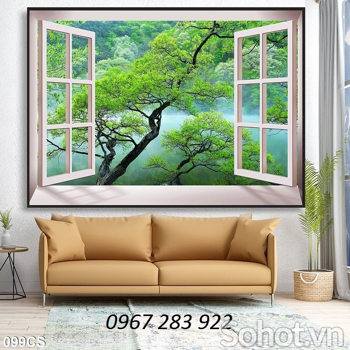 Tranh tường phòng khách cửa sổ phong cảnh đẹp
