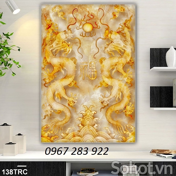 Gạch tranh phong thủy rồng vàng 3d- Tranh phòng thờ
