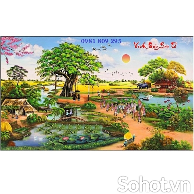 Gạch tranh làng quê dưới bóng cây cổ thụ jp654