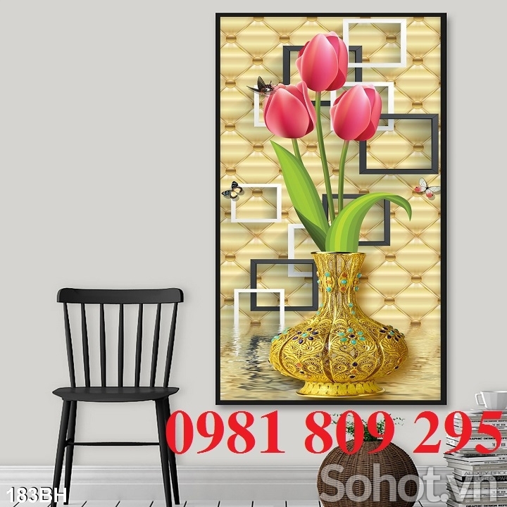 tranh gạch 3d bình hoa phòng bếp