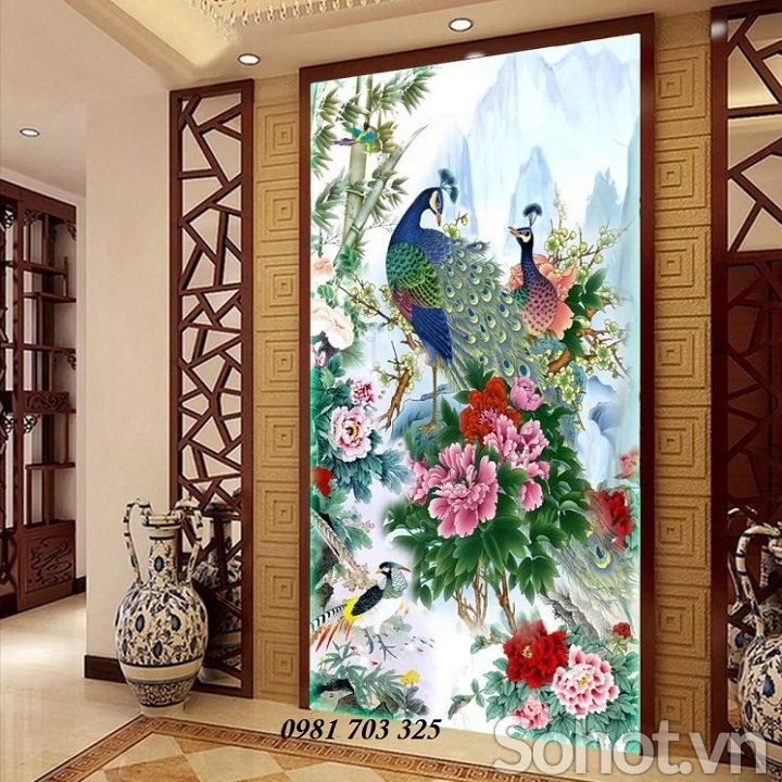 Gạch tranh khổ đứng đẹp chim công 3d