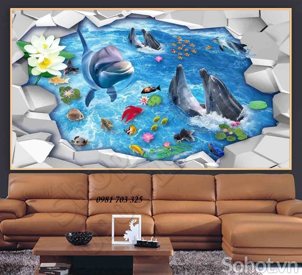 Tranh gạch m3D phòng khách- tranh gạch men cá heo