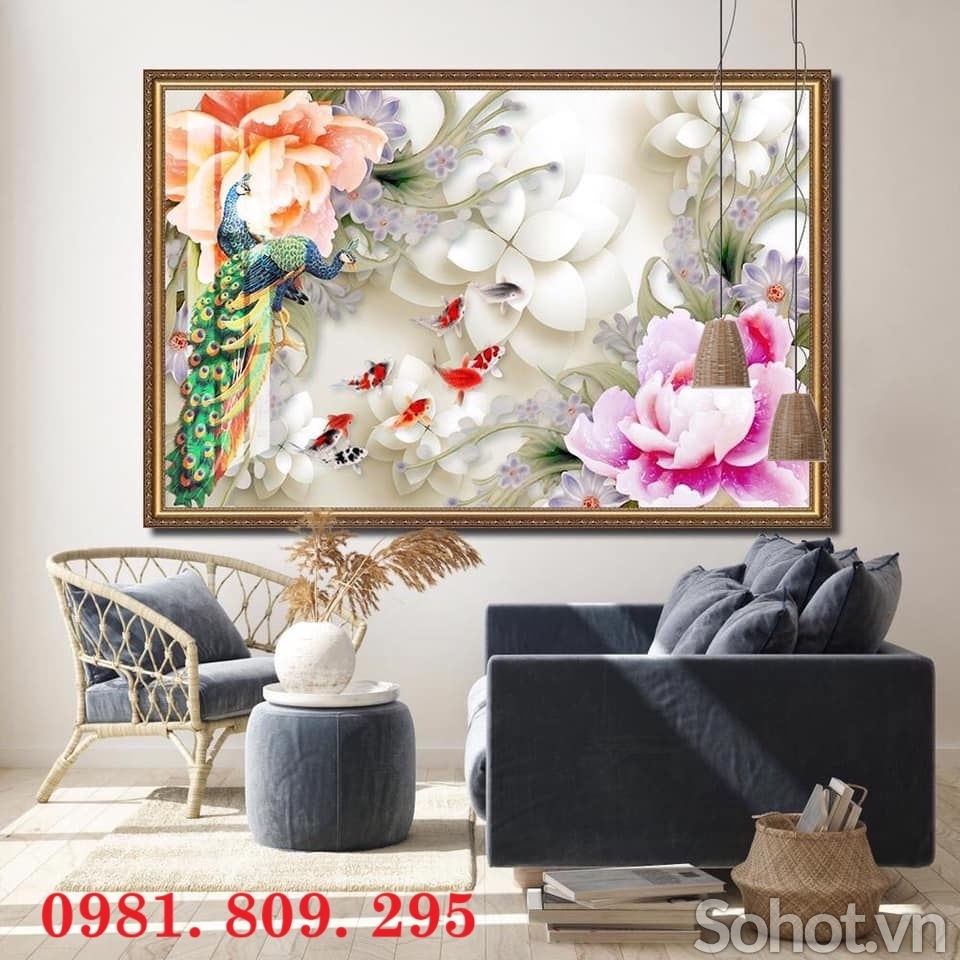 Gạch 3d chim công hoa mẫu đơn vợ chồng