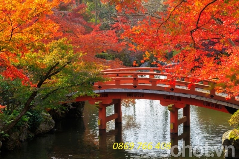 Tranh phong cảnh lá đỏ-gạch tranh 3D mùa thu