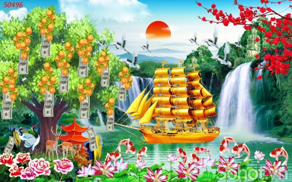 Tranh thuyền buồm xuôi gió - gạch in 3D