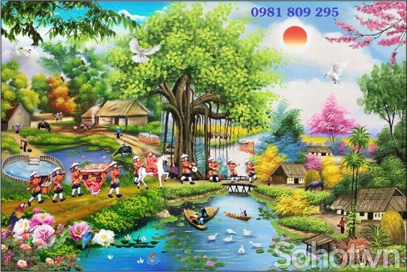 Gạch tranh 3D, tranh gạch men làng quê GP3658