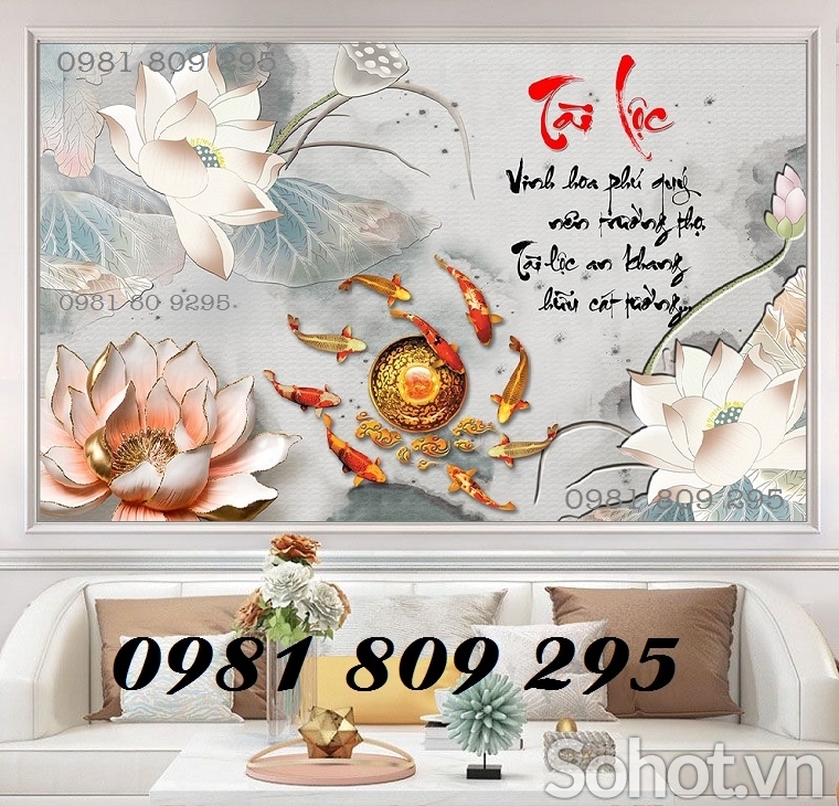 Tranh ốp trên tường cá chép , gạch 3d hoa sen