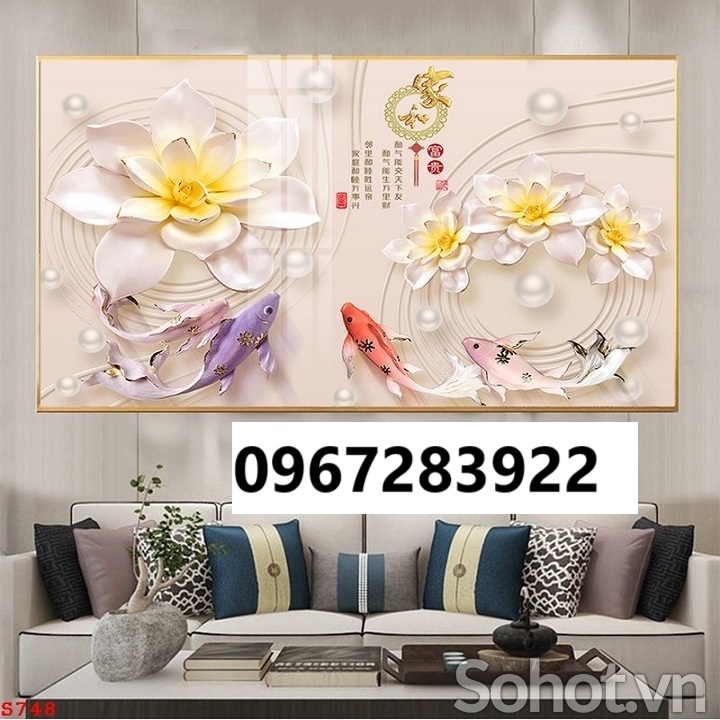 Tranh gạch đẹp 3d cá và hoa