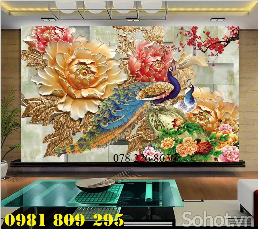 Gạch tranh 3d chim công hoa mẫu đơn -GA89