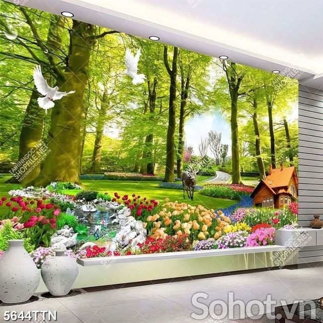 Tranh gạch 3d ốp tường phong cảnh vườn hoa thiên nhiên - CV34