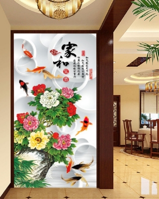 Tranh gạch 3d phong thủy cá chép hoa mẫu đơn - 2999B