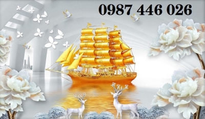 Gạch tranh thuyền buồm vàng, tranh 3d, gạch ốp tường HP9772