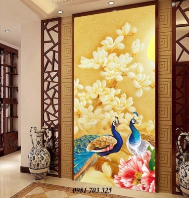 Tranh gạch đẹp 3D khổ đứng trang trí chim công