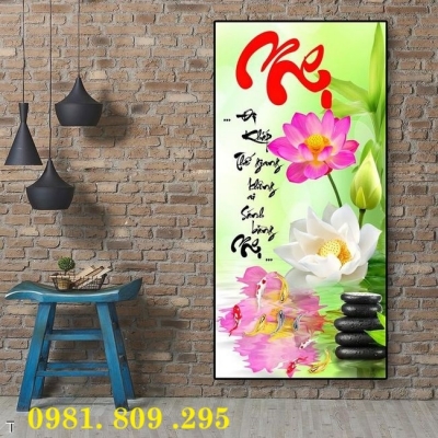 Gạch tranh khổ dọc 3d cha mẹ hoa sen