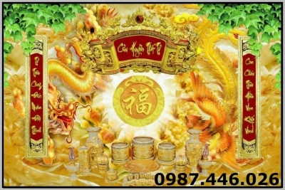 Gạch 3d tranh ốp tường rồng phượng phòng thờ HP9373