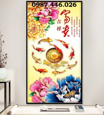 Tranh gạch cá chép vàng hoa sen 3d HP9373