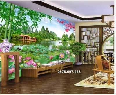 Tranh gạch phòng khách - tranh hoa sen