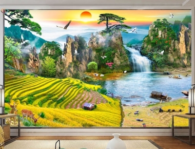 tranh cảnh đồng quê 3d - gạch tranh ốp tường 3d - XX3