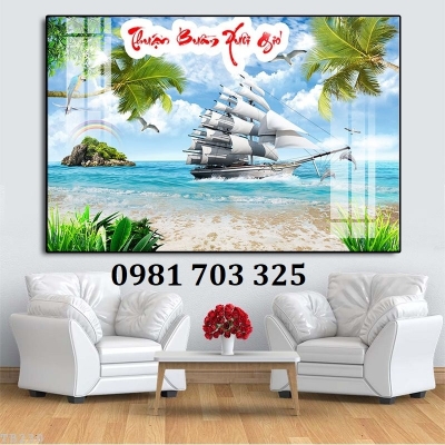 Tranh gạch thuyền buồm 3D dán tường