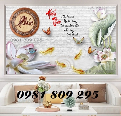 Tranh ốp trên tường cá chép , gạch 3d hoa sen