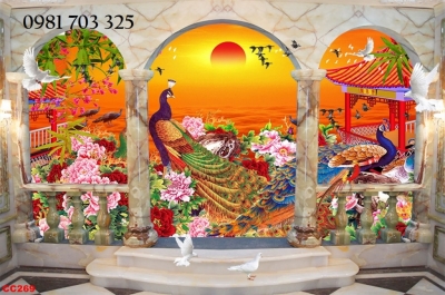 Tranh gạch men chim công phong thủy 3D