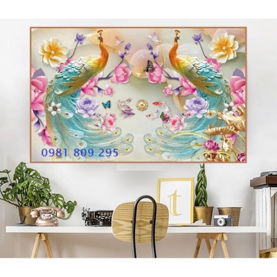Tranh chim công , gạch men, ốp tường 3d