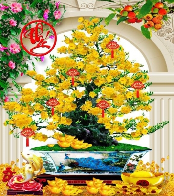 tranh gạch 3d chậu mai - XV56