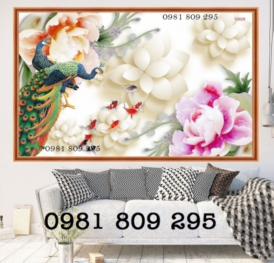Tranh ốp tường 3d chim công , gạch tranh
