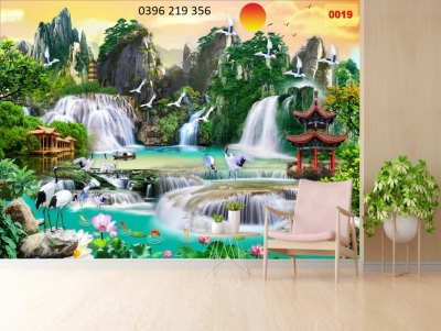 Gạch tranh 3d - Tranh Thác nước phong thuỷ