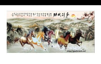 gạch tranh 3d dán tường tranh 8 con ngựa