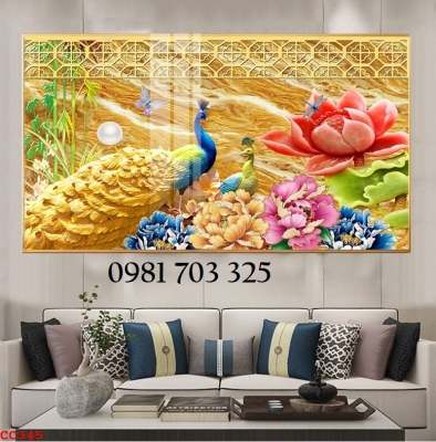 Tranh phong thủy, gạch tranh 3D 2 con chim công