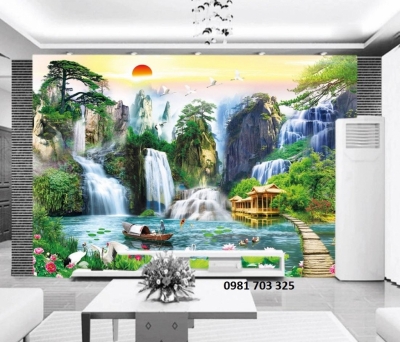 Tranh gạch 3D đẹp thác nước lớn