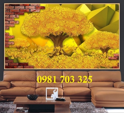 Tranh kim tiền phong thủy, gạch men 3D ốp phòng khách