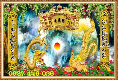 Gạch 3d tranh ốp tường rồng phượng phòng thờ HP9373