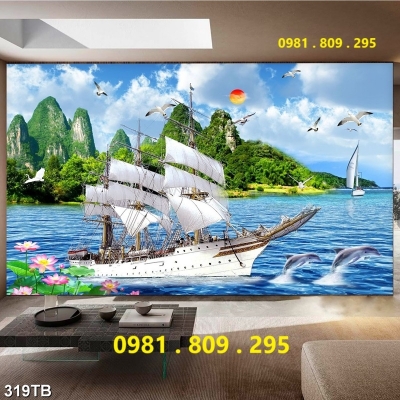 Tranh gạch men 3d thuyền buồm đẹp