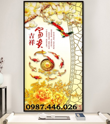 Tranh gạch cá chép vàng hoa sen 3d HP9373